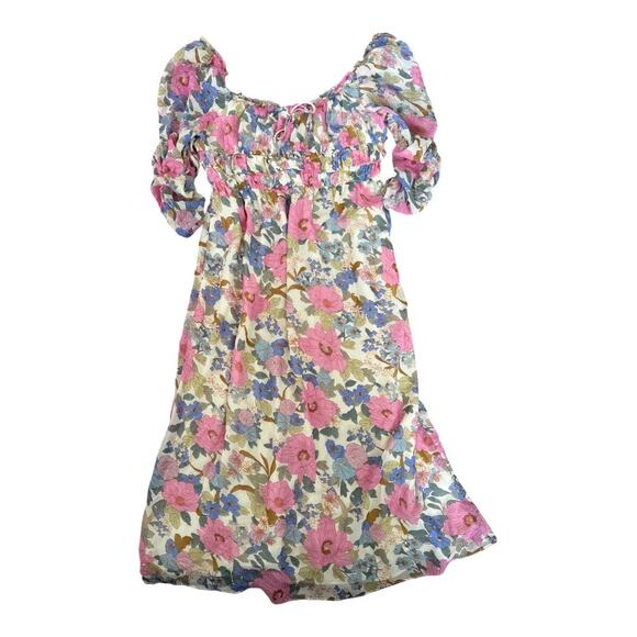 Lush Ivory Floral Long Sleeve Dress - Size Large, Elastic Waist, Boho Chic - Picture 1 of 2